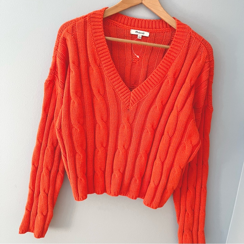 MADEWELL Cable Knit V-Neck Crop Sweater - Roasted Squash / Orange Sz L